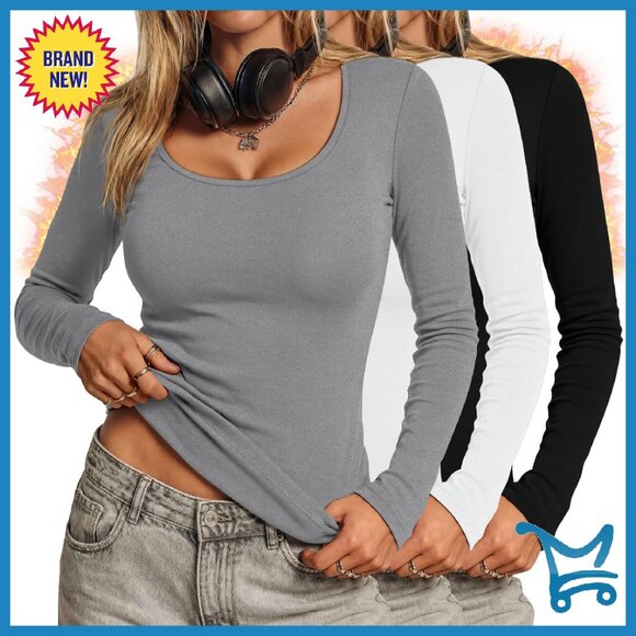 Women's Thermal Long Sleeve Shirts Fleece Lined Scoop Neck Base Layer 3 Pack